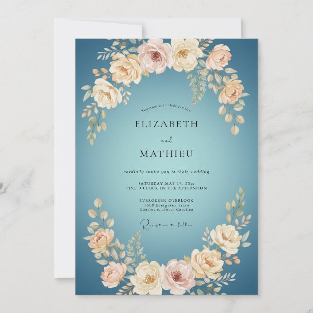 Invitation Mariage aux Pivoines Crème Douce Azur (Devant)