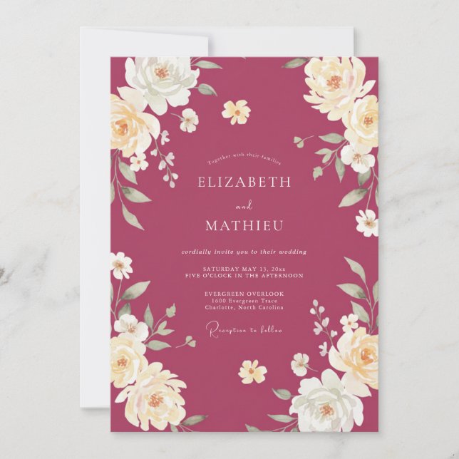 Invitation Mariage aux Pivoines Crème et Baies (Devant)