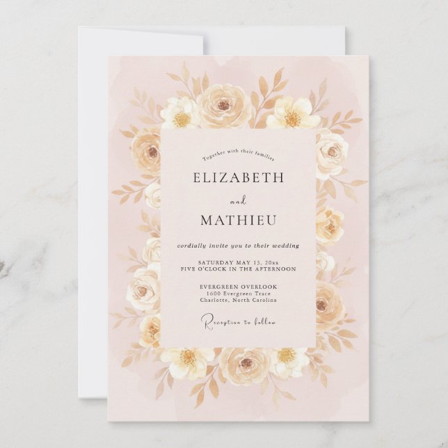 Invitation Mariage aux Pivoines Crème et Champagne (Devant)