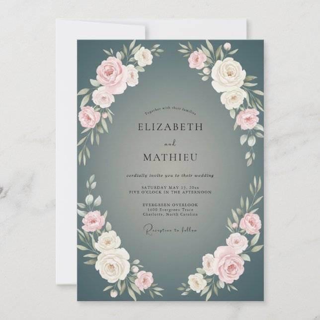 Invitation Mariage aux Pivoines Crème et Charbon (Devant)