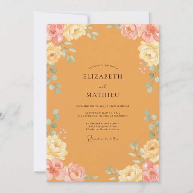 Invitation Mariage aux Pivoines Crème et Moutarde (Devant)