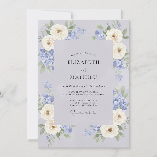 Invitation Mariage aux Pivoines Crème et Pervenche (Devant)
