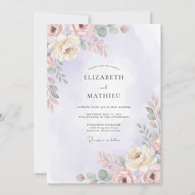 Invitation Mariage aux Pivoines Crème Lilas (Devant)
