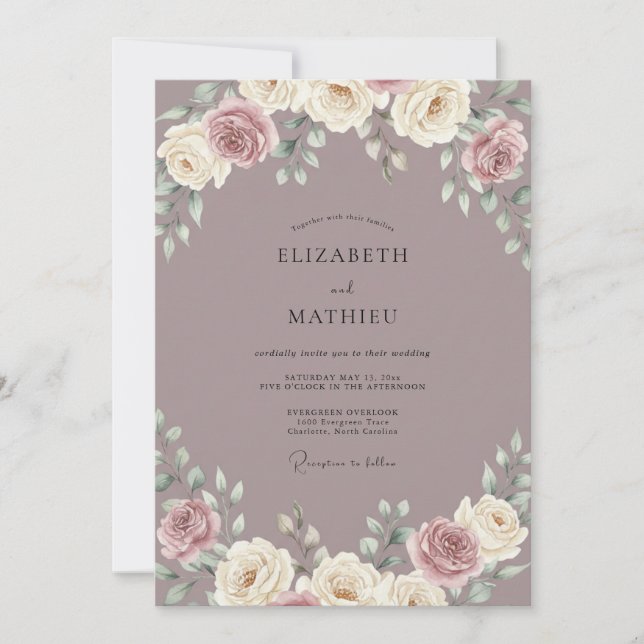 Invitation Mariage aux Pivoines Crème Mauve (Devant)