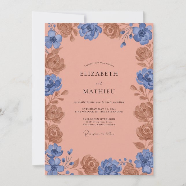 Invitation Mariage aux Pivoines d'Argile Pervenche (Devant)