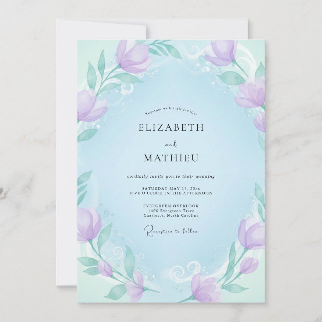 Invitation Mariage aux Pivoines de Ciel Lilas (Devant)