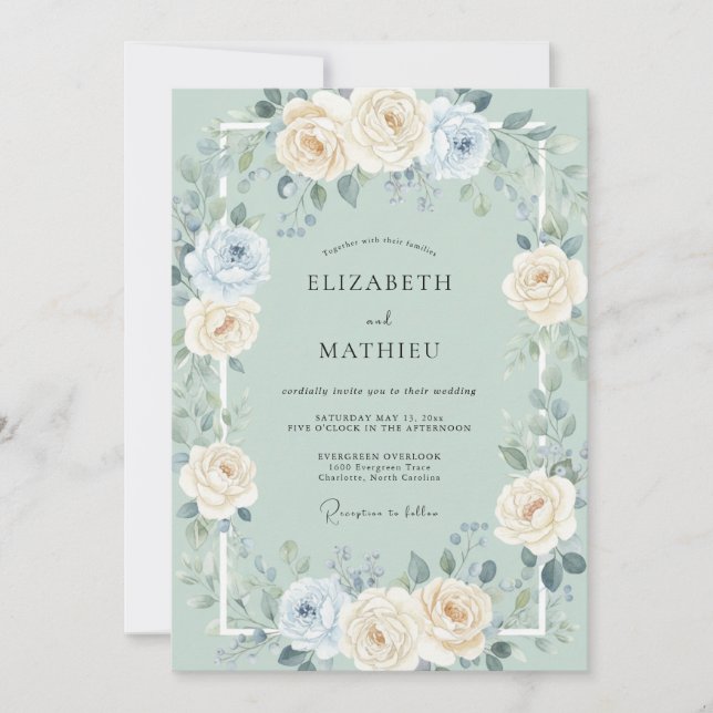 Invitation Mariage aux Pivoines d'Ivoire et de Mousse de Mer (Devant)