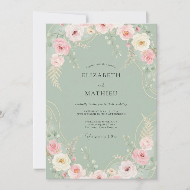 Invitation Mariage aux Pivoines en Céladon Doux (Devant)