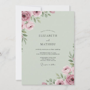 Invitation Mariage aux Pivoines en Céladon Rose Poussiéreuse