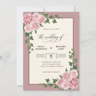 Invitation Mariage aux Pivoines en Fleurs de Vigne Rougeoyant