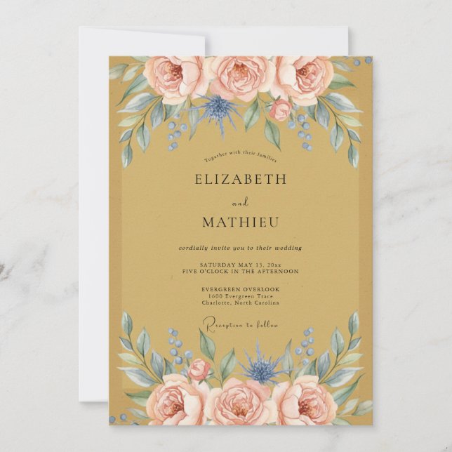 Invitation Mariage aux Pivoines Fardées de Moutarde (Devant)