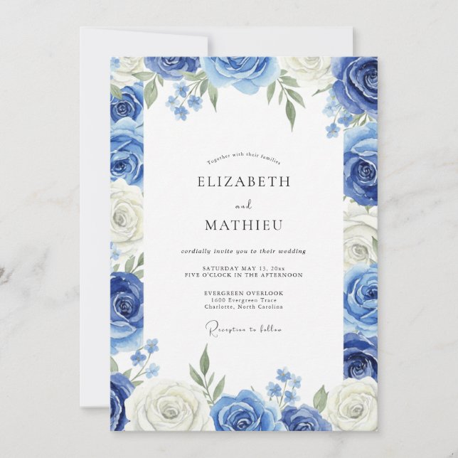 Invitation Mariage aux Pivoines Feuillues Azur (Devant)