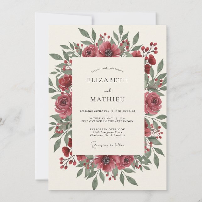 Invitation Mariage aux Pivoines Feuillues Marron (Devant)