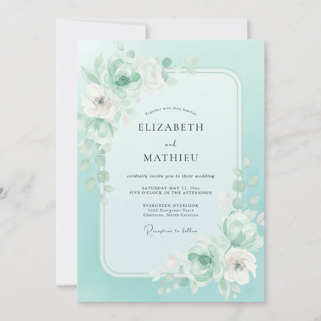 Invitation Mariage aux Pivoines Feuillues Menthe (Devant)