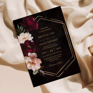 Invitation Mariage aux Pivoines Florales Rose Pâle et Bourgog