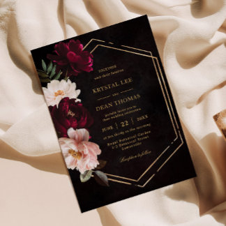 Invitation Mariage aux Pivoines Florales Rose Pâle et Bourgog