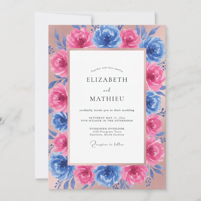 Invitation Mariage aux Pivoines Fuchsia Cerulean (Devant)
