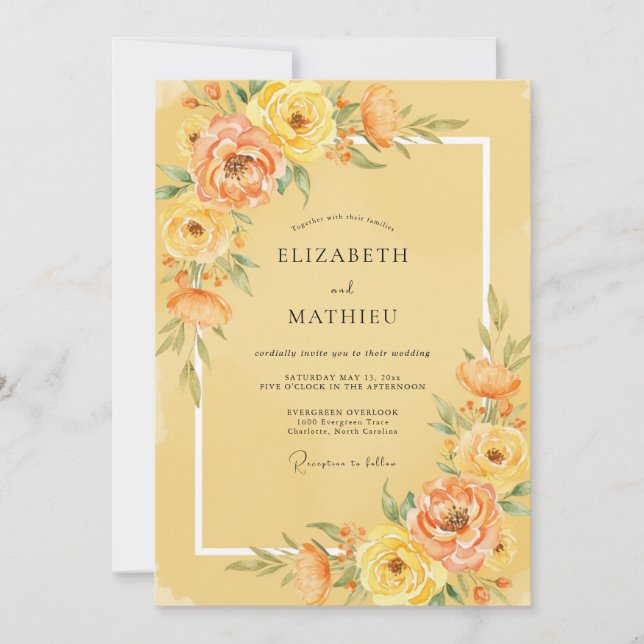 Invitation Mariage aux Pivoines Jaune Pêche (Devant)