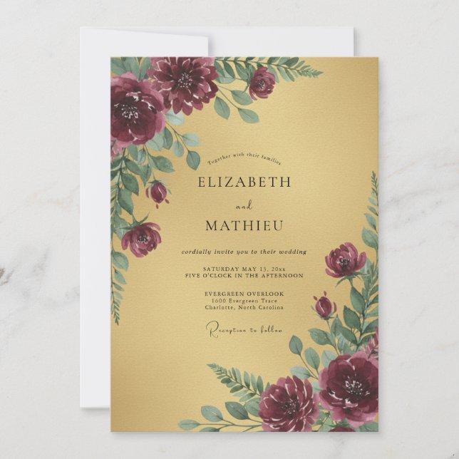 Invitation Mariage aux Pivoines Jaune Prune Doré (Devant)
