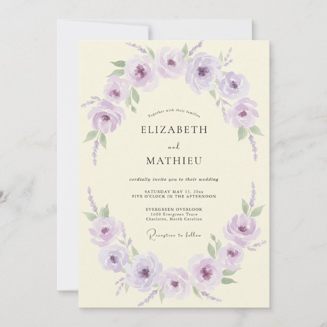 Invitation Mariage aux Pivoines Lavande (Devant)