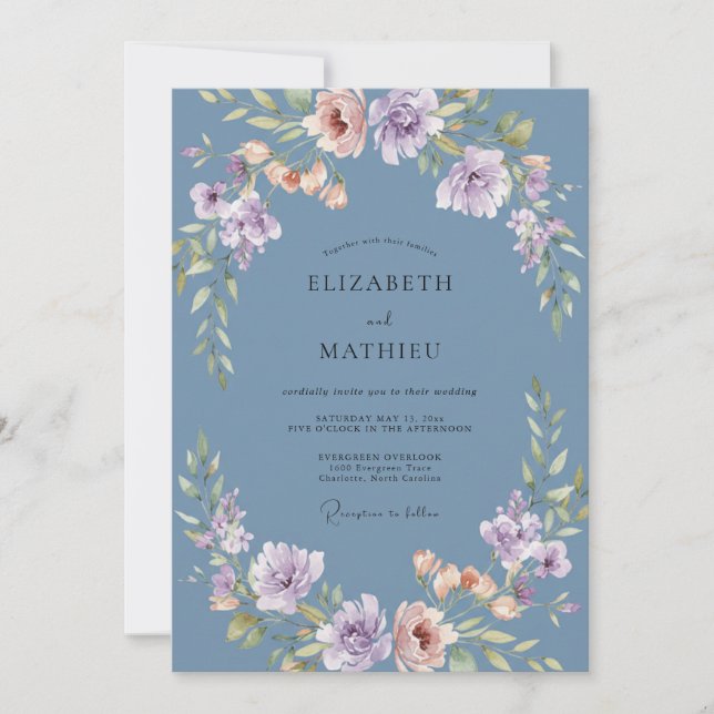 Invitation Mariage aux Pivoines Lilas Ardoise (Devant)