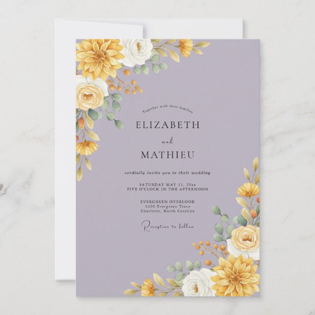 Invitation Mariage aux Pivoines Lilas Dorées (Devant)