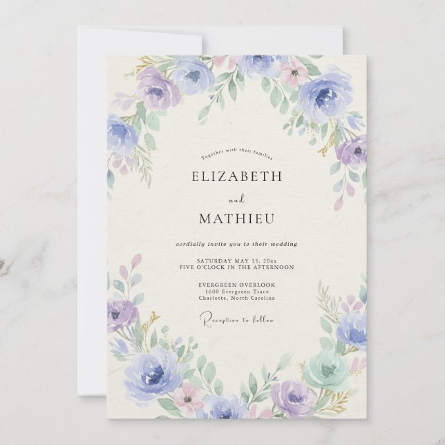 Invitation Mariage aux Pivoines Lilas et Pervenche (Devant)