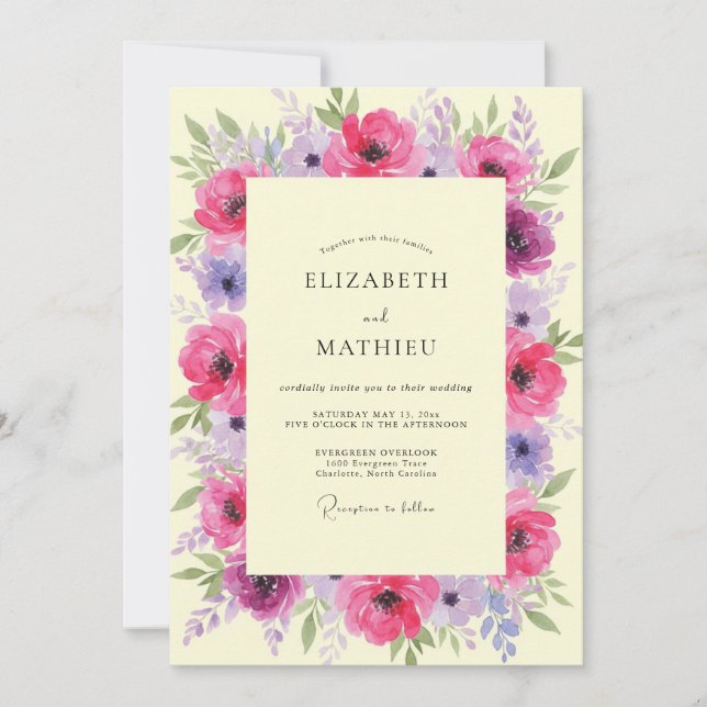 Invitation Mariage aux Pivoines Lilas Fuchsia (Devant)