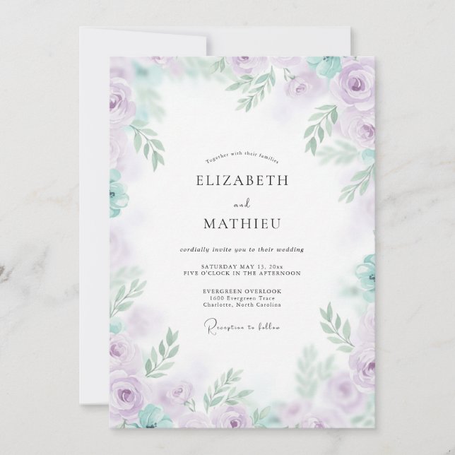 Invitation Mariage aux Pivoines Lilas Menthe (Devant)