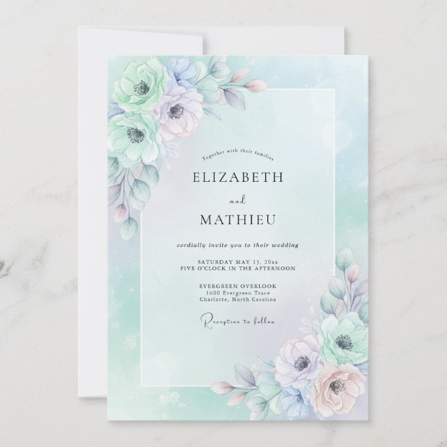 Invitation Mariage aux Pivoines Lilas Mousse de Mer (Devant)