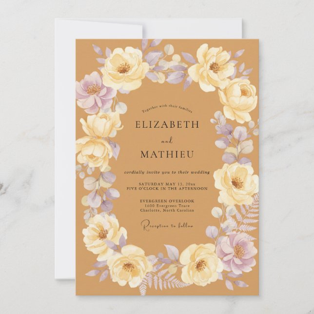 Invitation Mariage aux Pivoines Lilas Moutarde (Devant)
