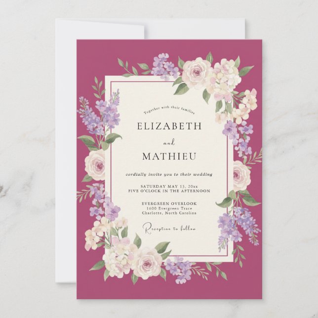 Invitation Mariage aux Pivoines Magenta Lilas (Devant)