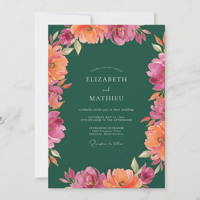 Invitation Mariage aux Pivoines Magenta Orange (Devant)