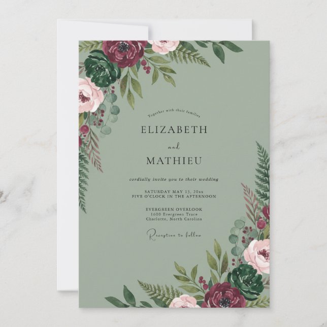 Invitation Mariage aux Pivoines Marron Mousse (Devant)