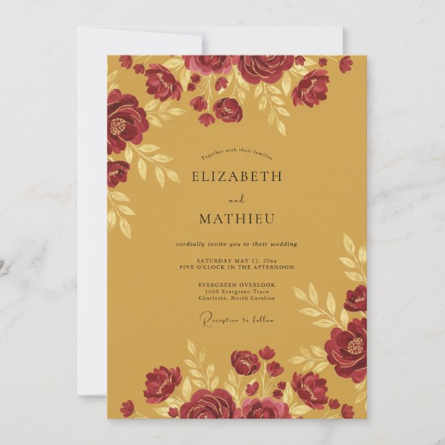 Invitation Mariage aux Pivoines Marron Moutarde (Devant)