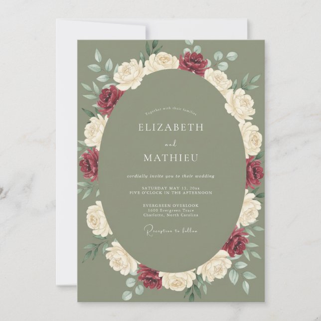 Invitation Mariage aux Pivoines Marron Olive Pressée (Devant)