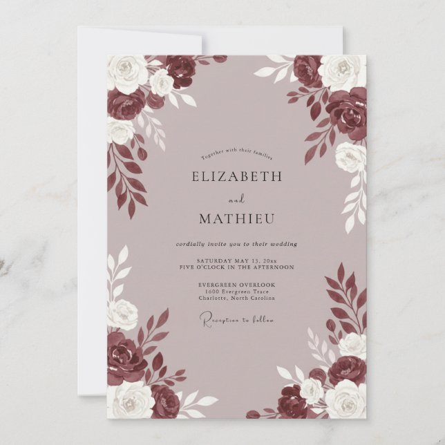 Invitation Mariage aux Pivoines Mauve Marron (Devant)