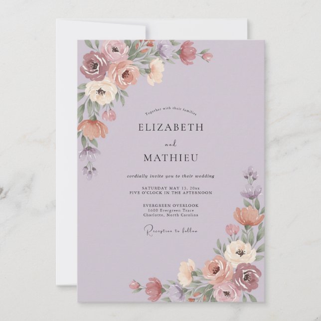 Invitation Mariage aux Pivoines Mauve Poussiéreux (Devant)