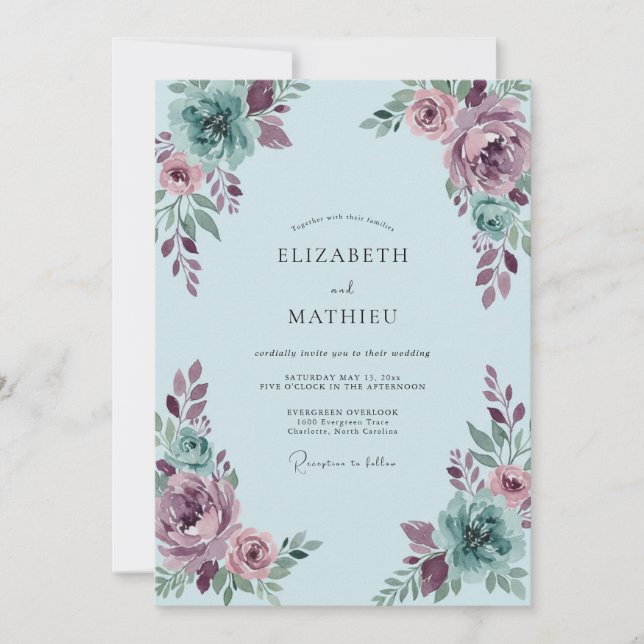Invitation Mariage aux Pivoines Mauve Seafoam (Devant)