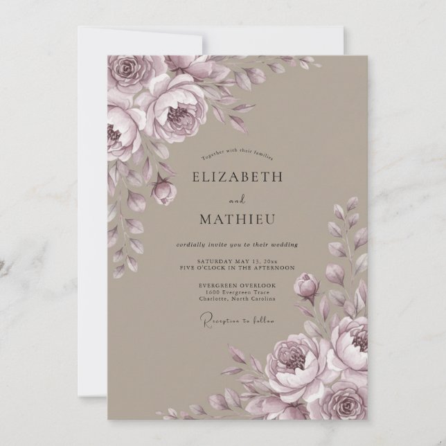 Invitation Mariage aux Pivoines Mauve Taupe (Devant)