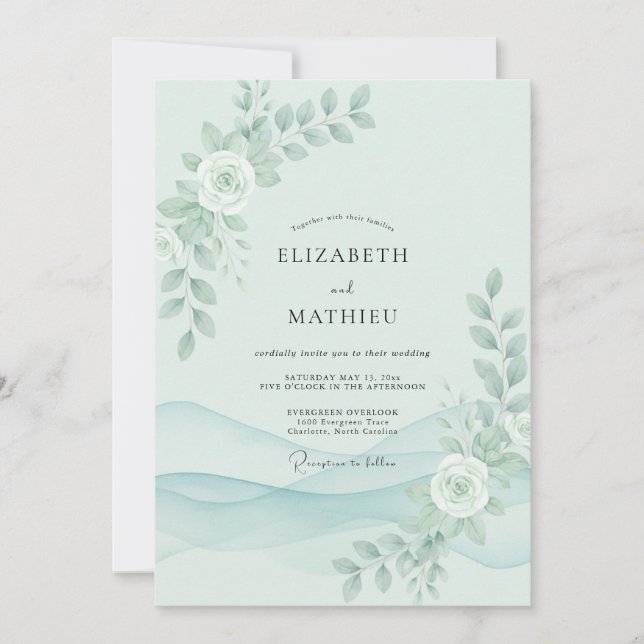 Invitation Mariage aux Pivoines Menthe Glaçon (Devant)