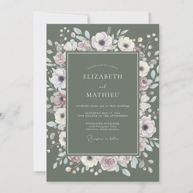 Invitation Mariage aux Pivoines Mousse Mauve (Devant)