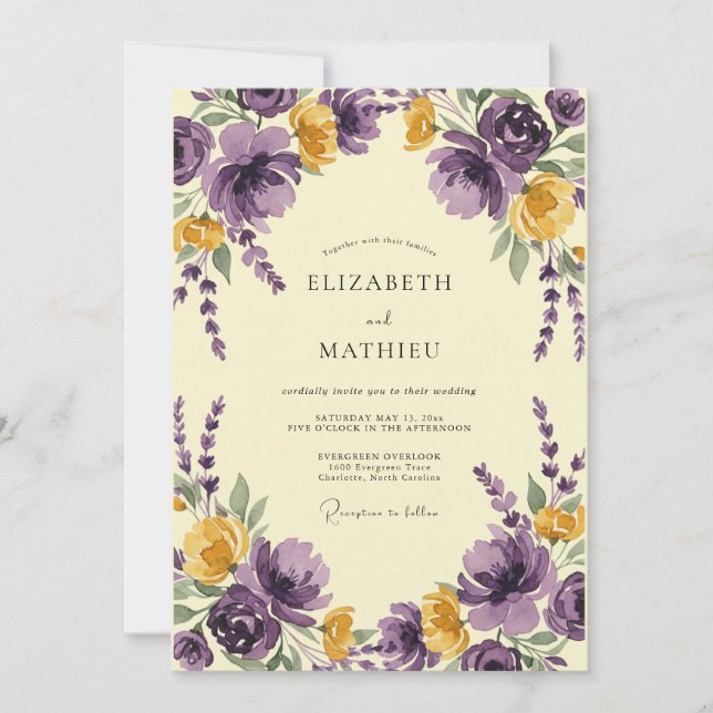 Invitation Mariage aux Pivoines Moutarde et Prune (Devant)