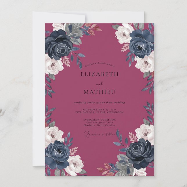 Invitation Mariage aux Pivoines Navy Berry (Devant)