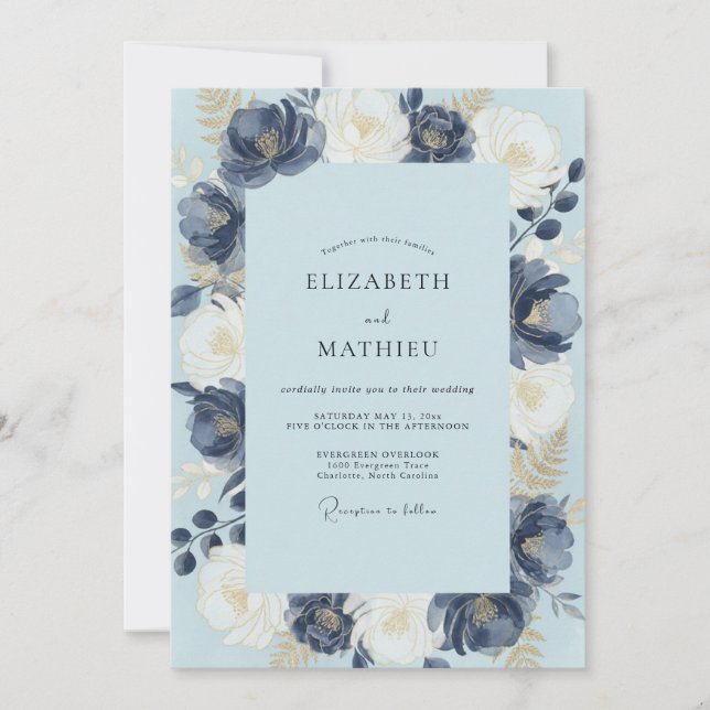 Invitation Mariage aux Pivoines Navy Powder (Devant)