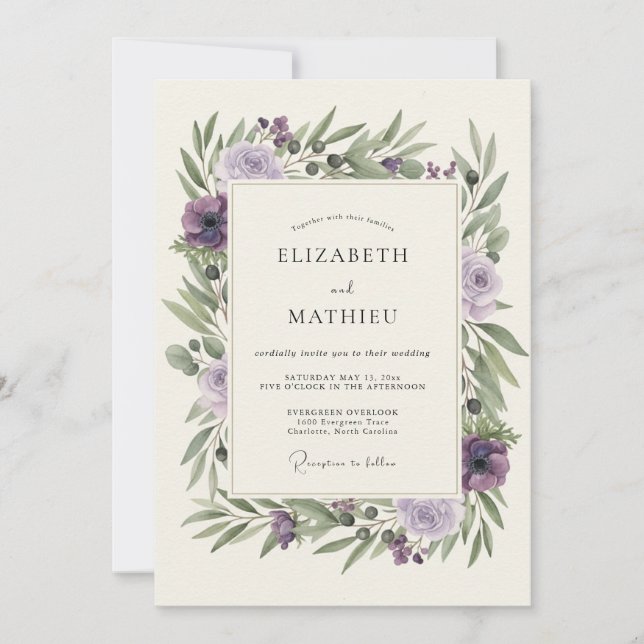Invitation Mariage aux Pivoines Olive Abricot (Devant)