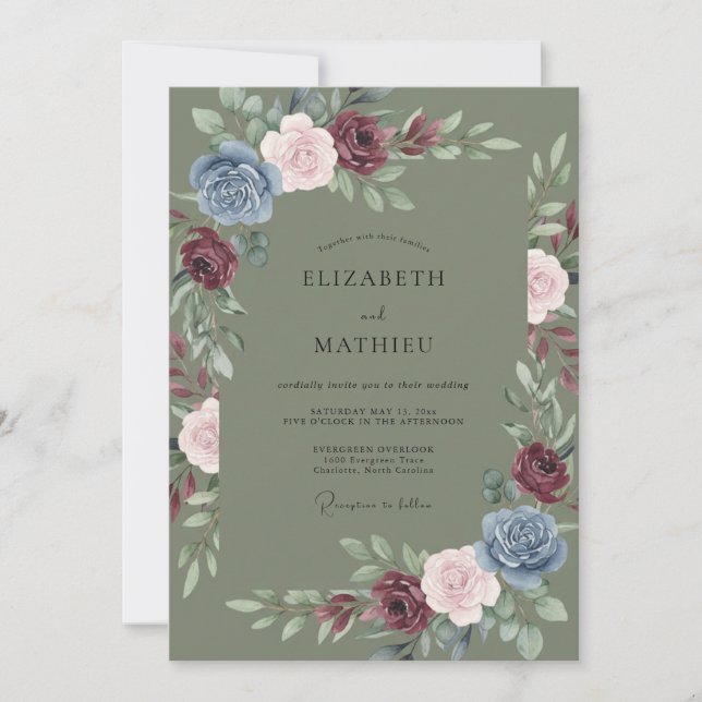 Invitation Mariage aux Pivoines Olive et Prune (Devant)