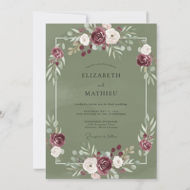 Invitation Mariage aux Pivoines Olive Marron (Devant)