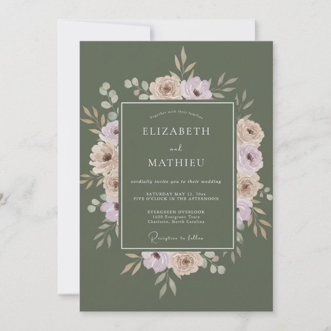 Invitation Mariage aux Pivoines Olive Mauve (Devant)