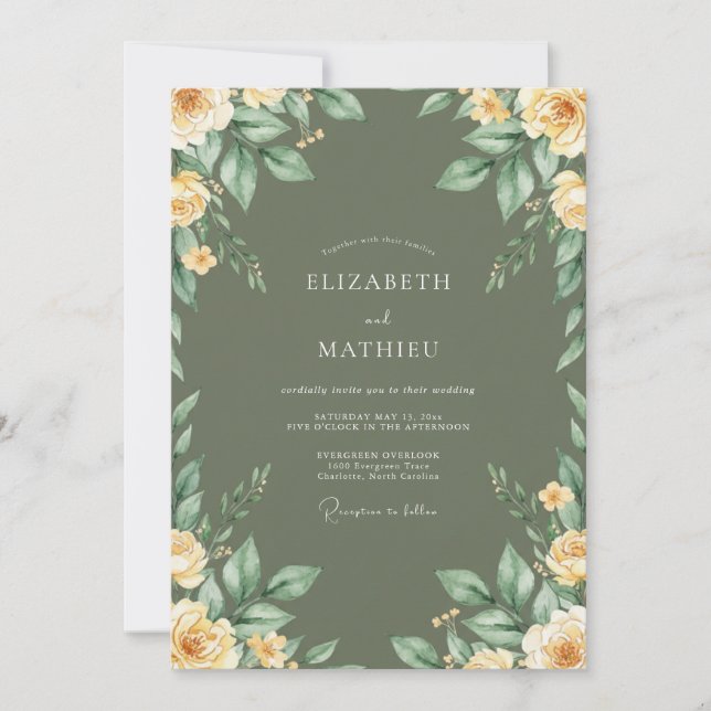Invitation Mariage aux Pivoines Olive Or (Devant)